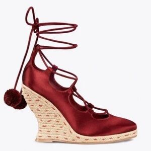Tory Burch Red Pom-Pom Lace-up Satin Wedge Espadrilles Merlot Size 6